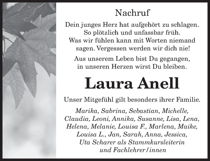  Traueranzeige für Laura Anell vom 19.12.2012 aus TRIERISCHER VOLKSFREUND