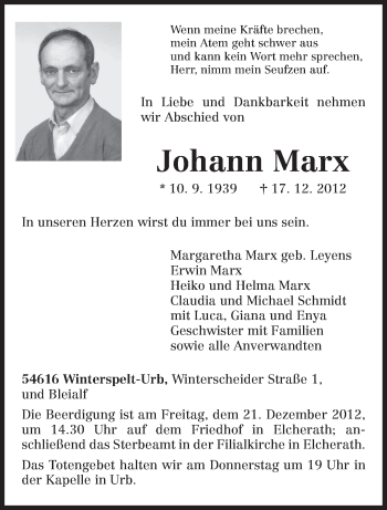 Traueranzeige von Johann Marx von TRIERISCHER VOLKSFREUND