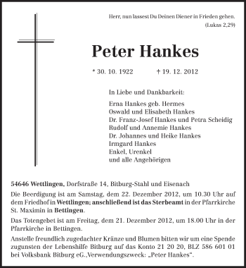 Traueranzeige von Peter Hankes von TRIERISCHER VOLKSFREUND