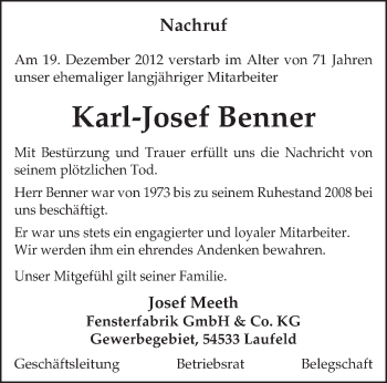 Traueranzeige von Karl-Josef Benner von TRIERISCHER VOLKSFREUND