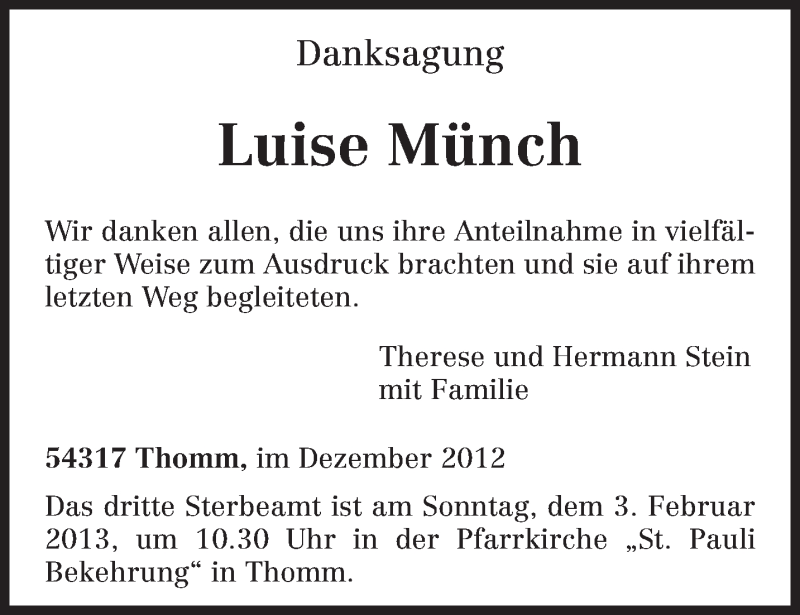 Traueranzeigen von Luise Münch Volksfreund.Trauer.de