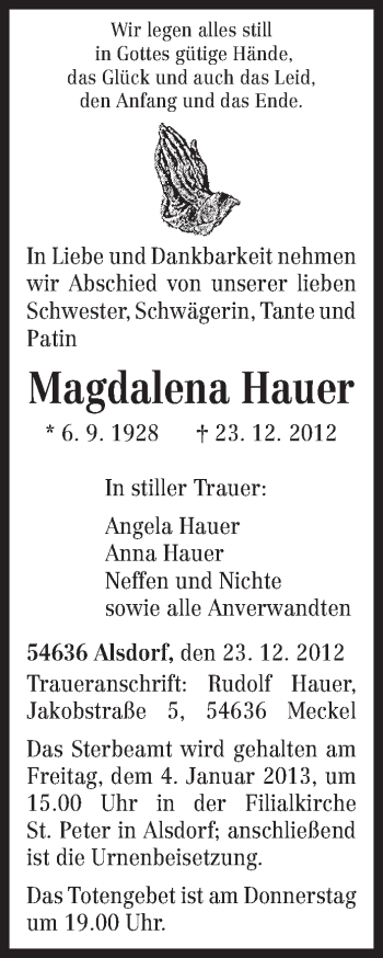 Traueranzeige von Magdalena Hauer von TRIERISCHER VOLKSFREUND