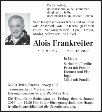 Traueranzeige von Alois Frankreiter von TRIERISCHER VOLKSFREUND