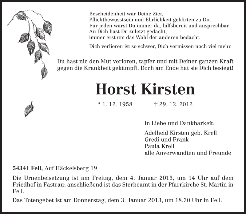  Traueranzeige für Horst Kirsten vom 02.01.2013 aus TRIERISCHER VOLKSFREUND