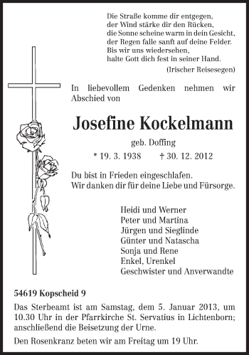 Traueranzeige von Josefine Kockelmann von TRIERISCHER VOLKSFREUND