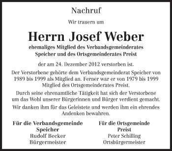 Traueranzeige von Herrn Josef Weber von TRIERISCHER VOLKSFREUND