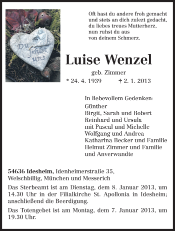 Traueranzeige von Luise Wenzel von TRIERISCHER VOLKSFREUND