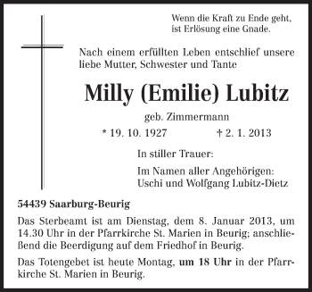 Traueranzeige von Milly  Lubitz von TRIERISCHER VOLKSFREUND