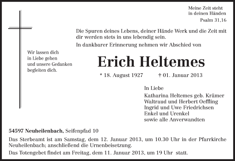  Traueranzeige für Erich Heltemes vom  aus TRIERISCHER VOLKSFREUND