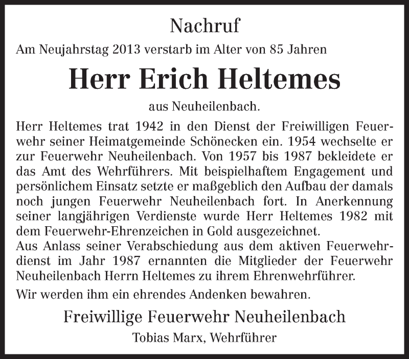  Traueranzeige für Erich Heltemes vom 11.01.2013 aus TRIERISCHER VOLKSFREUND