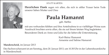 Traueranzeige von Paula Hamannt von TRIERISCHER VOLKSFREUND