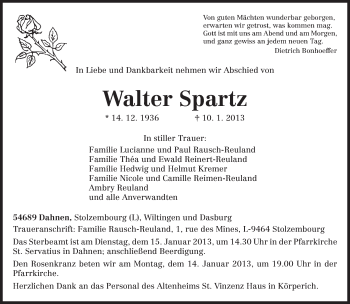 Traueranzeige von Walter Spartz von TRIERISCHER VOLKSFREUND