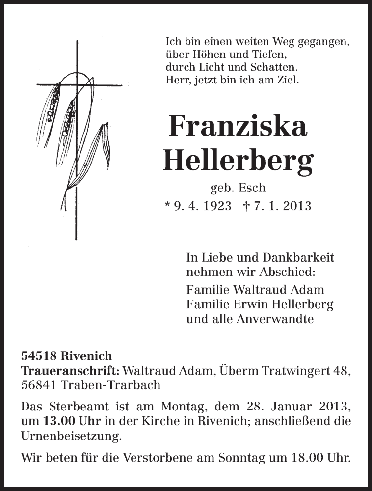  Traueranzeige für Franziska Hellerberg vom 23.01.2013 aus TRIERISCHER VOLKSFREUND