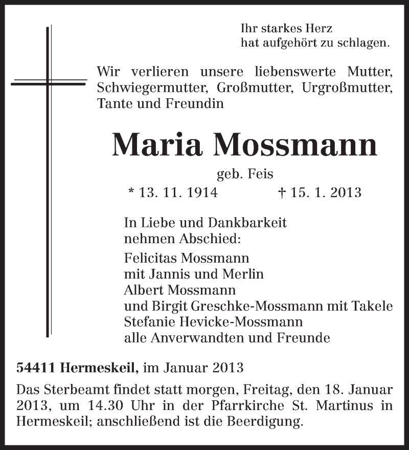  Traueranzeige für Maria Mossmann vom 17.01.2013 aus TRIERISCHER VOLKSFREUND