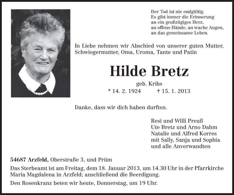  Traueranzeige für Hilde Bretz vom 17.01.2013 aus TRIERISCHER VOLKSFREUND