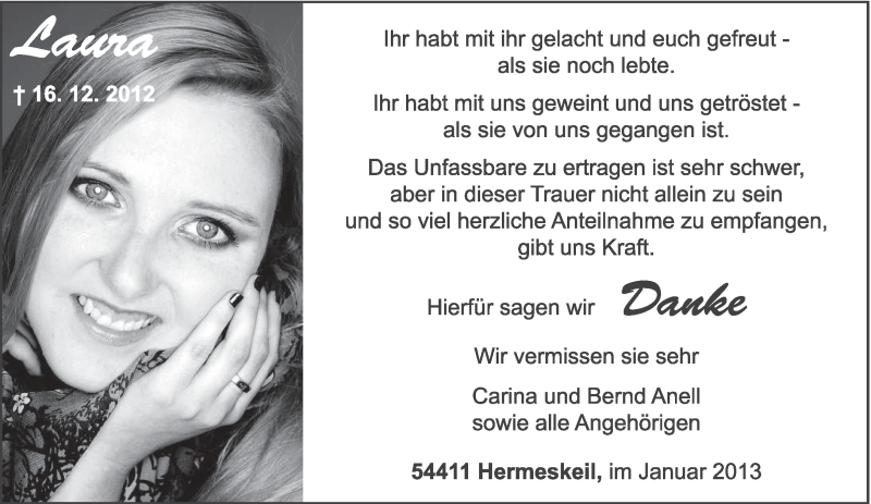  Traueranzeige für Laura Anell vom 26.01.2013 aus TRIERISCHER VOLKSFREUND