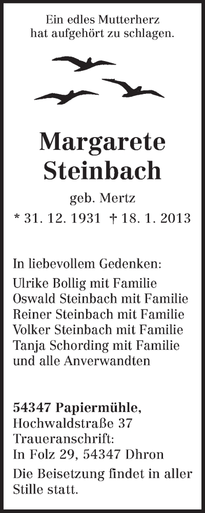  Traueranzeige für Margarete Steinbach vom 21.01.2013 aus TRIERISCHER VOLKSFREUND