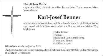 Traueranzeige von Karl-Josef Benner von TRIERISCHER VOLKSFREUND