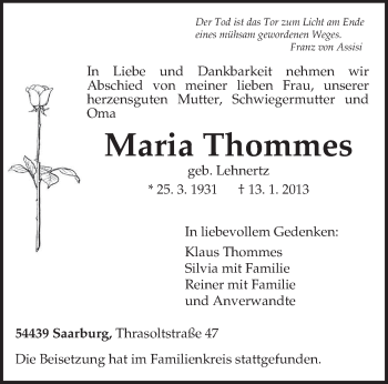 Traueranzeige von Maria Thommes von TRIERISCHER VOLKSFREUND