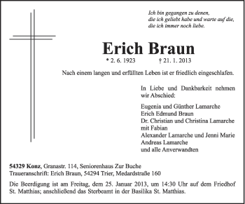 Traueranzeige von Erich Braun von TRIERISCHER VOLKSFREUND