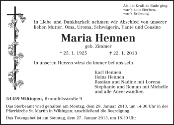Traueranzeige von Maria Hennen von TRIERISCHER VOLKSFREUND