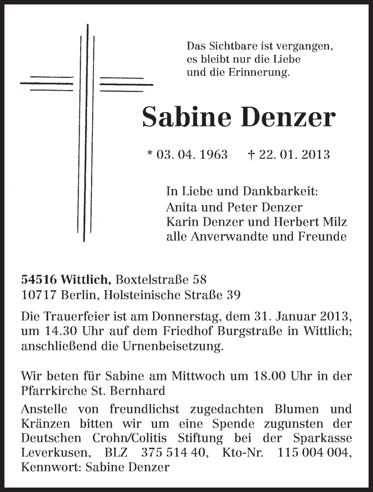  Traueranzeige für Sabine Denzer vom 26.01.2013 aus Trierischer Volksfreund