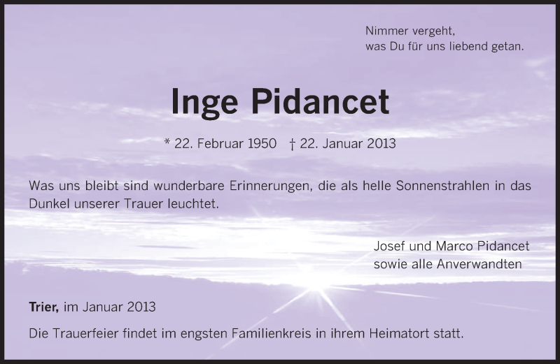  Traueranzeige für Inge Pidancet vom 26.01.2013 aus TRIERISCHER VOLKSFREUND