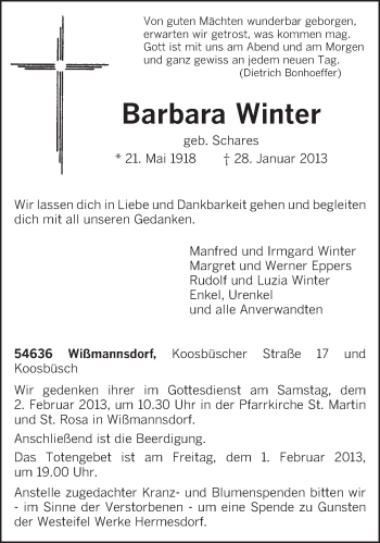 Traueranzeige von Barbara Winter von TRIERISCHER VOLKSFREUND
