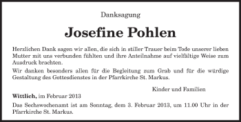 Traueranzeige von Josefine Pohlen von TRIERISCHER VOLKSFREUND