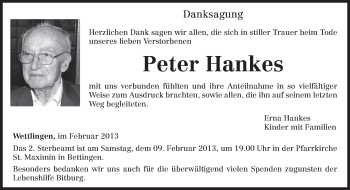 Traueranzeige von Peter Hankes von TRIERISCHER VOLKSFREUND