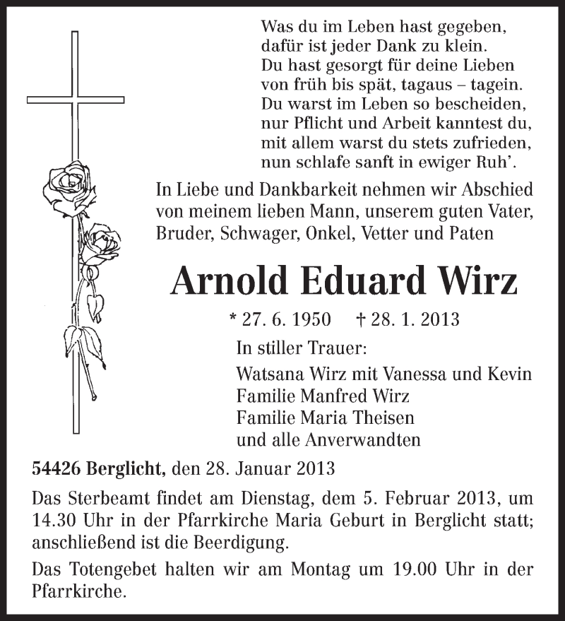  Traueranzeige für Arnold Eduaraad Wirz vom 02.02.2013 aus TRIERISCHER VOLKSFREUND