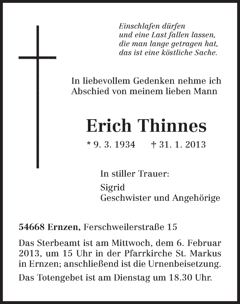  Traueranzeige für Erich Thinnes vom 02.02.2013 aus TRIERISCHER VOLKSFREUND