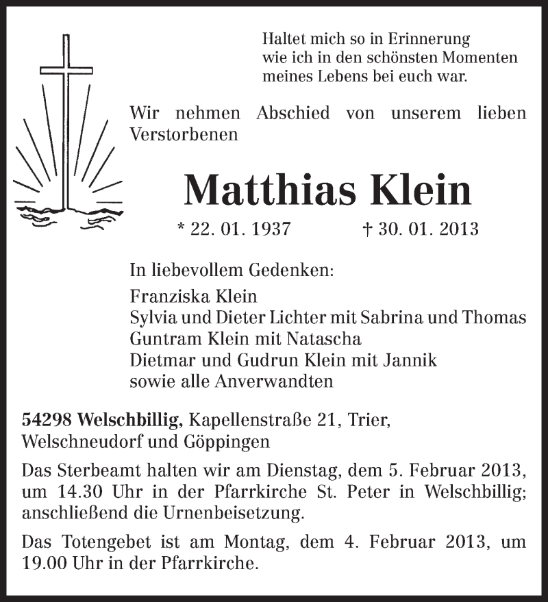  Traueranzeige für Matthias Klein vom 02.02.2013 aus TRIERISCHER VOLKSFREUND