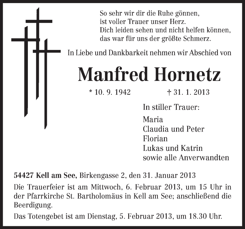  Traueranzeige für Manfred Hornetz vom 04.02.2013 aus TRIERISCHER VOLKSFREUND