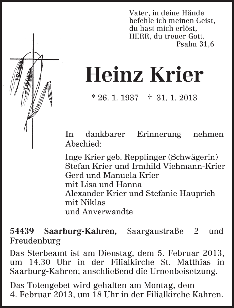  Traueranzeige für Heinz Krier vom 02.02.2013 aus TRIERISCHER VOLKSFREUND