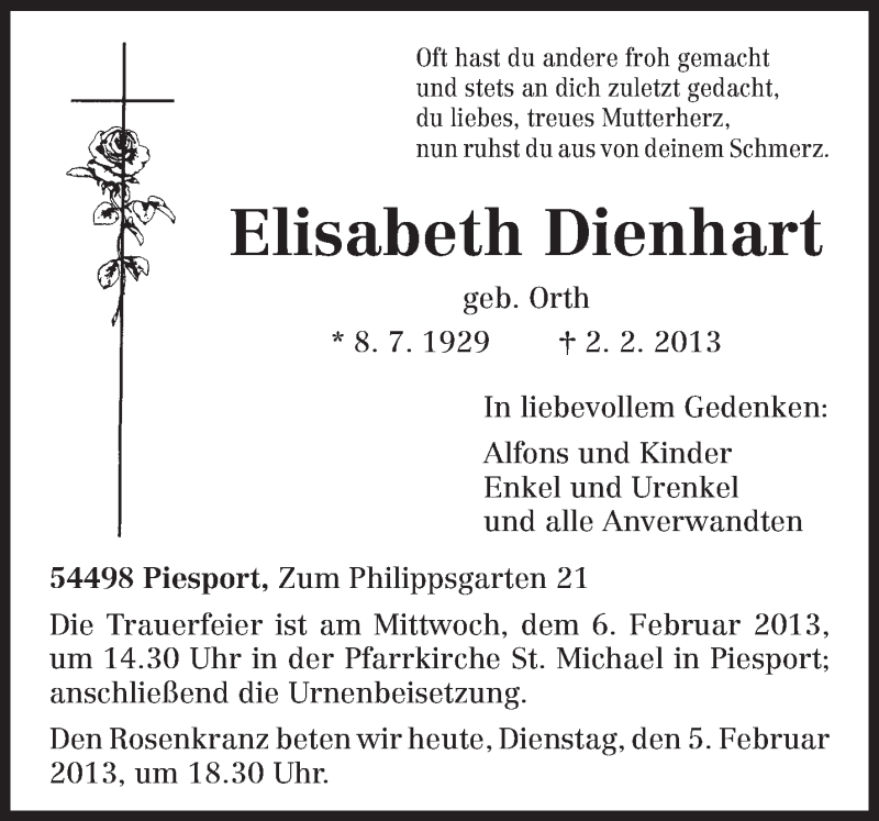  Traueranzeige für Elisabeth Dienhart vom 05.02.2013 aus TRIERISCHER VOLKSFREUND