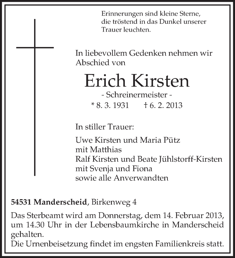  Traueranzeige für Erich Kirsten vom 09.02.2013 aus TRIERISCHER VOLKSFREUND