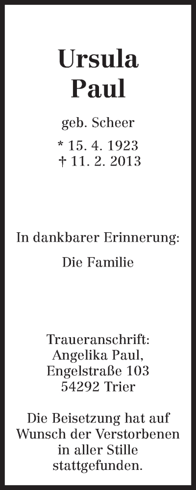  Traueranzeige für Ursula Paul vom 13.02.2013 aus TRIERISCHER VOLKSFREUND