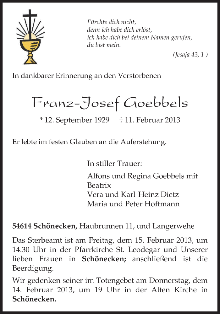  Traueranzeige für Franz-Josef Goebbels vom 13.02.2013 aus TRIERISCHER VOLKSFREUND