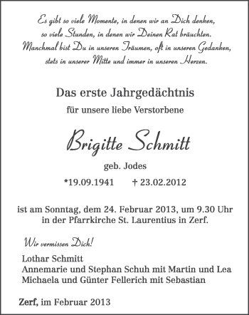 Traueranzeige von Brigitte Schmitt von TRIERISCHER VOLKSFREUND