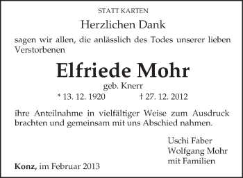 Traueranzeige von Elfriede Mohr von TRIERISCHER VOLKSFREUND