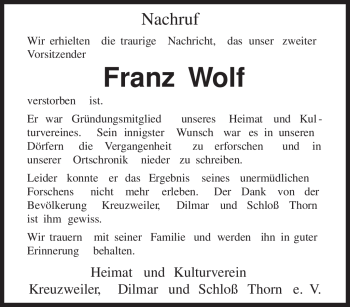 Traueranzeige von Franz Wolf von TRIERISCHER VOLKSFREUND