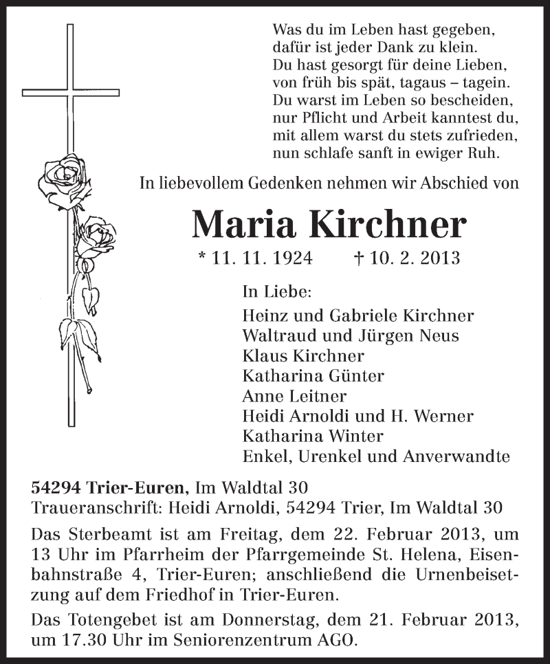  Traueranzeige für Maria Kirchner vom 18.02.2013 aus TRIERISCHER VOLKSFREUND