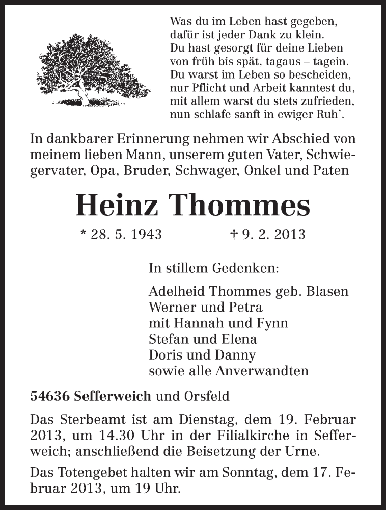  Traueranzeige für Heinz Thommes vom 16.02.2013 aus TRIERISCHER VOLKSFREUND
