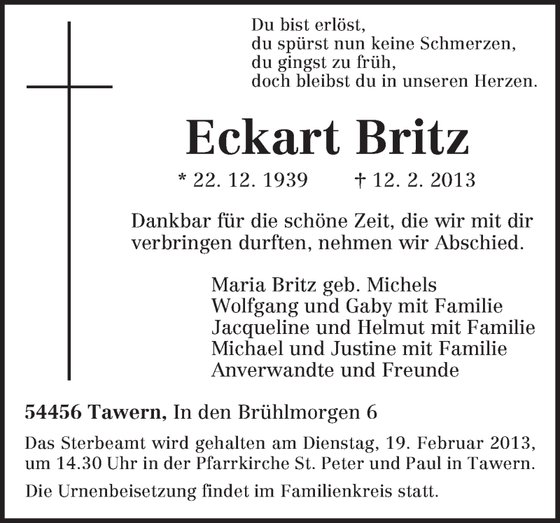  Traueranzeige für Eckart Britz vom 15.02.2013 aus TRIERISCHER VOLKSFREUND