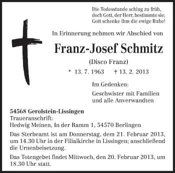 Traueranzeige von Franz-Josef Schmitz von TRIERISCHER VOLKSFREUND