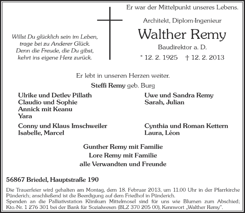  Traueranzeige für Walther Remy vom 15.02.2013 aus TRIERISCHER VOLKSFREUND