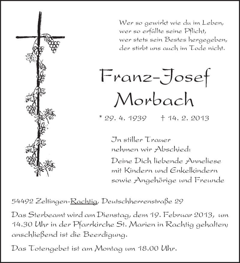  Traueranzeige für Franz-Josef Morbach vom 16.02.2013 aus TRIERISCHER VOLKSFREUND