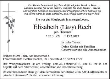 Traueranzeige von Elisabeth Resch von TRIERISCHER VOLKSFREUND