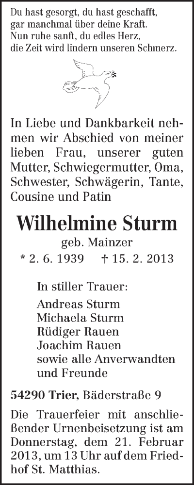  Traueranzeige für Wilhelmine Sturm vom 18.02.2013 aus TRIERISCHER VOLKSFREUND